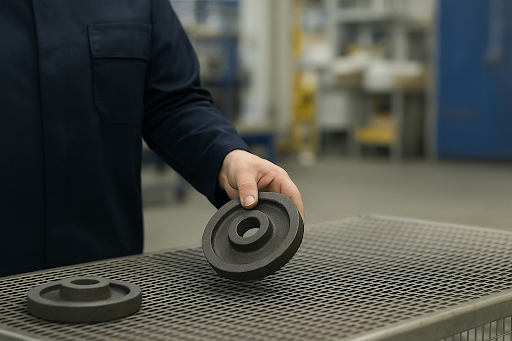 Person holding a black industrial part in a manufacturing facility, emphasizing quality control and supply chain integrity for WGS Global Services.
