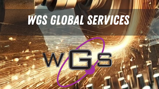 WGS Global Services logo overlaying a manufacturing scene with sparks, representing innovation and quality in manufacturing support services.