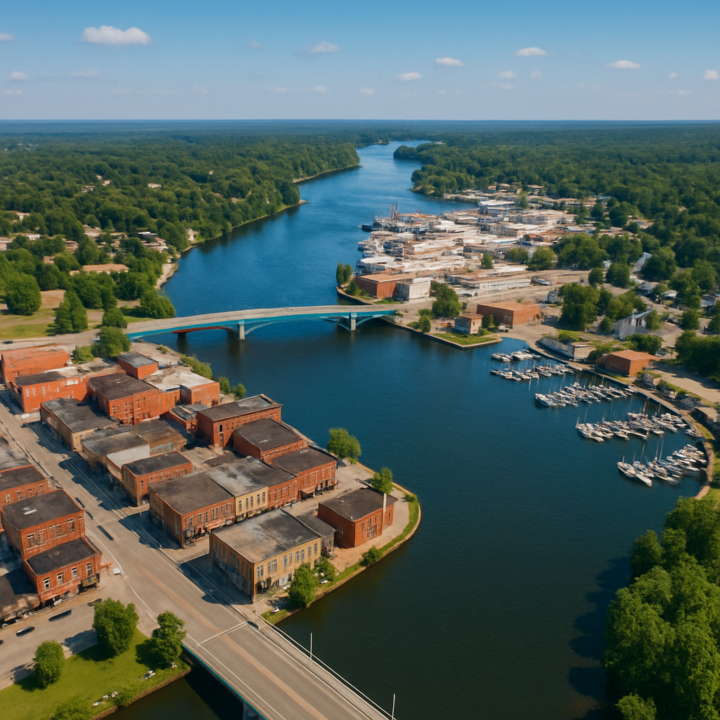 Aerial view of Marinette, Wisconsin, showcasing the waterfront, bridge, and industrial facilities along the river, highlighting the strategic location of WGS Global Services.
